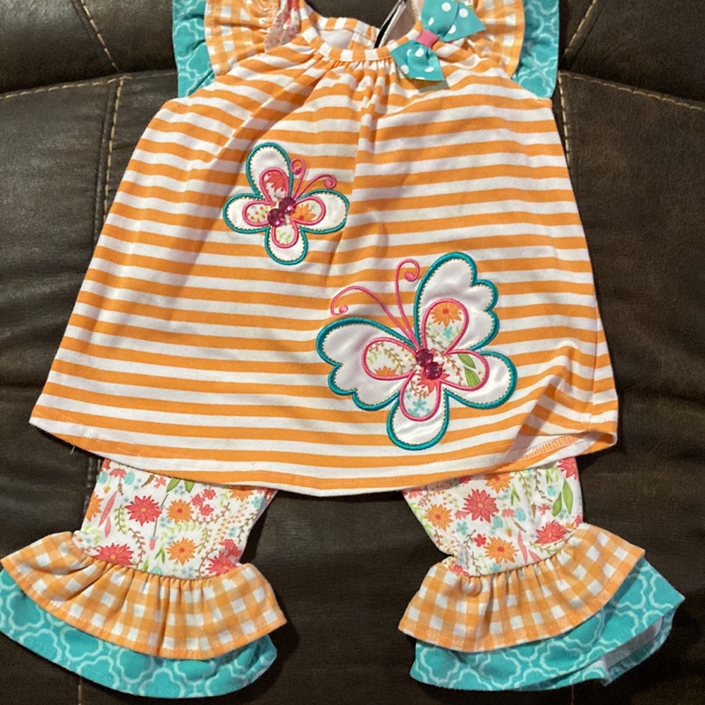 Rare edition from Belk girls, butterflies, orange, and teal stripe 18M outfit